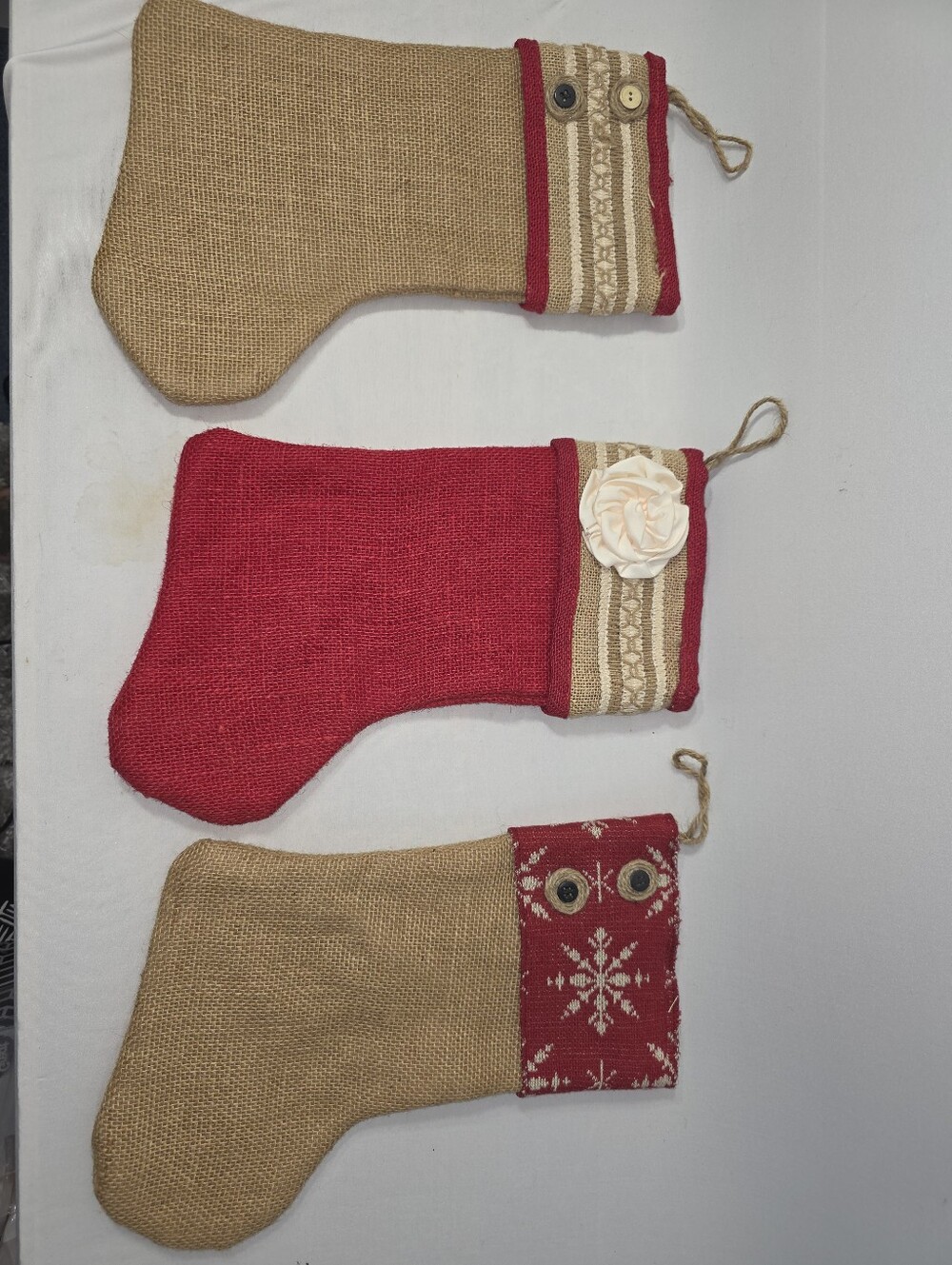 Rustic Burlap Holiday Stocking Trio - Red and Natural